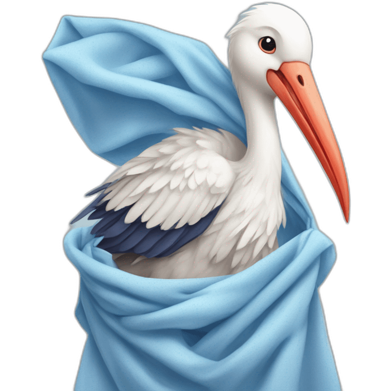 White stork carrying a blue bundle of cloth in its beak that has a human person cute baby human and the human baby head is peeking from the fabric the strok is carrying in its beak emoji