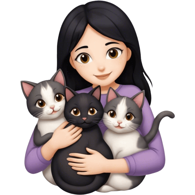 happy girl with black hair hugging three cats  (black cat, gray cat, brown calico cat) emoji