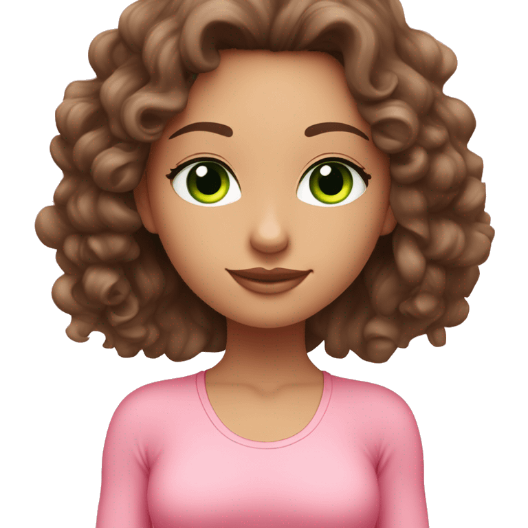 Brunette long and curly hair and green eyes yoga beautiful girl in light pink pink pink clothes sitting on a yoga mat emoji