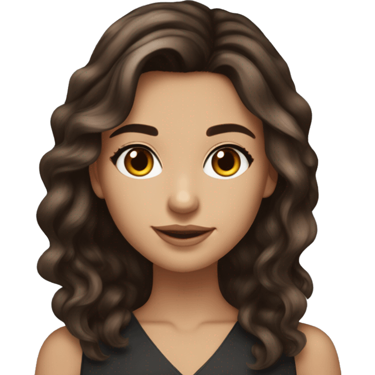 Brunette girl with long voluminous dark brown hair dark brown eyes with highlights balayage and graduation fit emoji