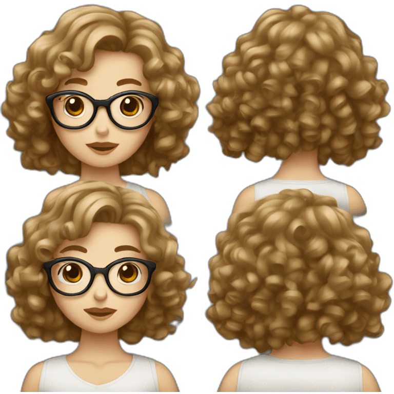 White girl with curtain fringe, curly and brown hair and glasses emoji