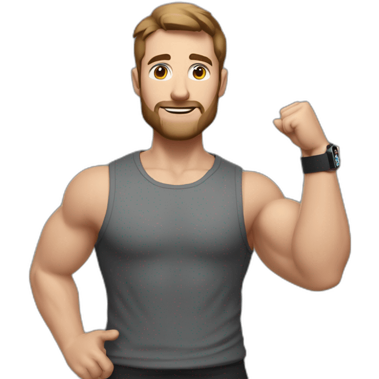 Full height Actively gesturing  with hands Pale skinned Fit Man With the biceps and brown hair in dark gray Sleeveless Mike, black oversize sports shorts, watch and white Sneakers emoji