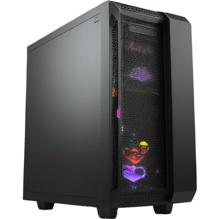 Black gaming PC mid-tower case with RGB emoji