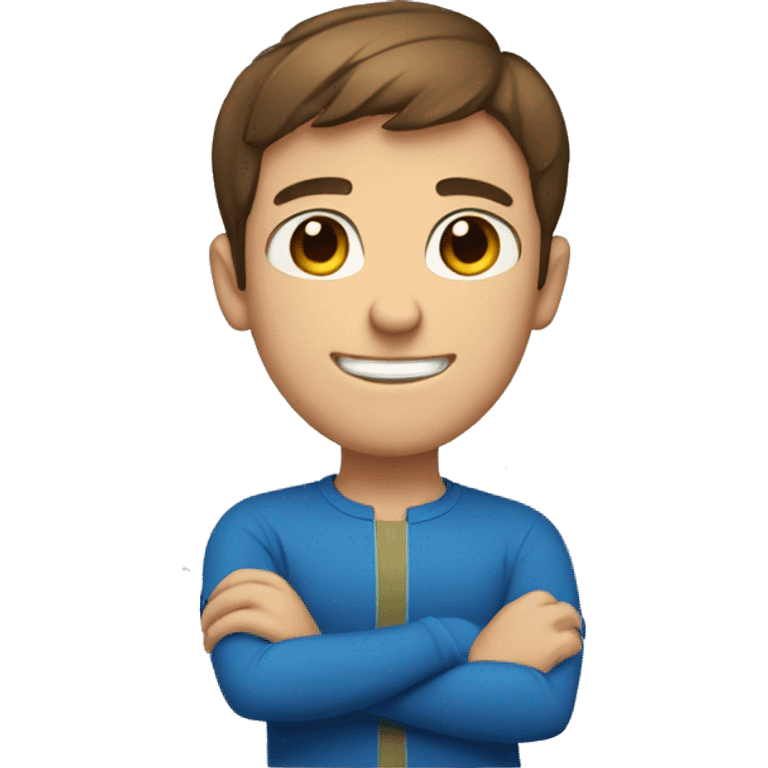 guy with short brown hair and blue eyes with arms crossed smilin emoji