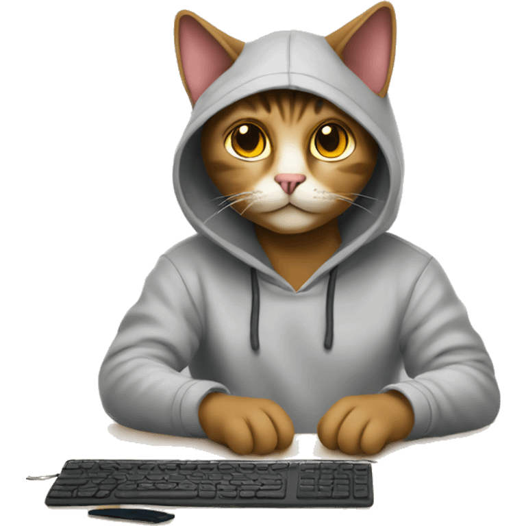 cat is a graphic designer in a hoodie and headphones, working at a computer in photoshop emoji