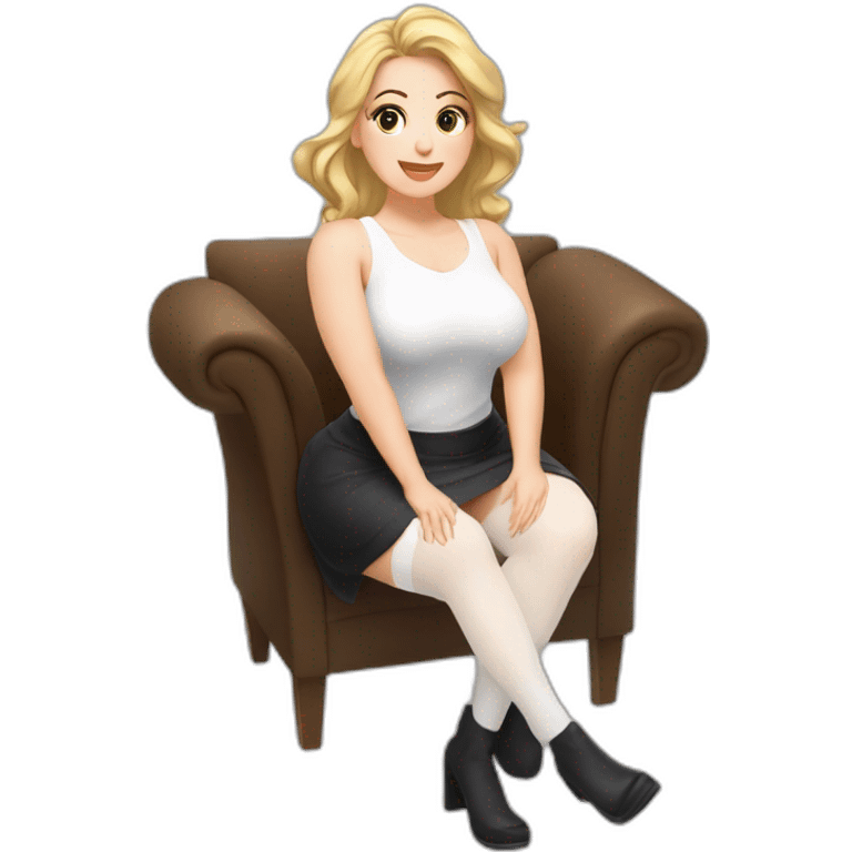 Front view curvy caucasian beauty sits on the floor straight hands up black skirt white stockings emoji