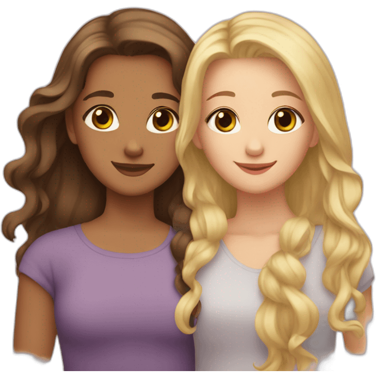 two girls hugging one blonde hair and brown eyes - one brunette and brown eyes  emoji