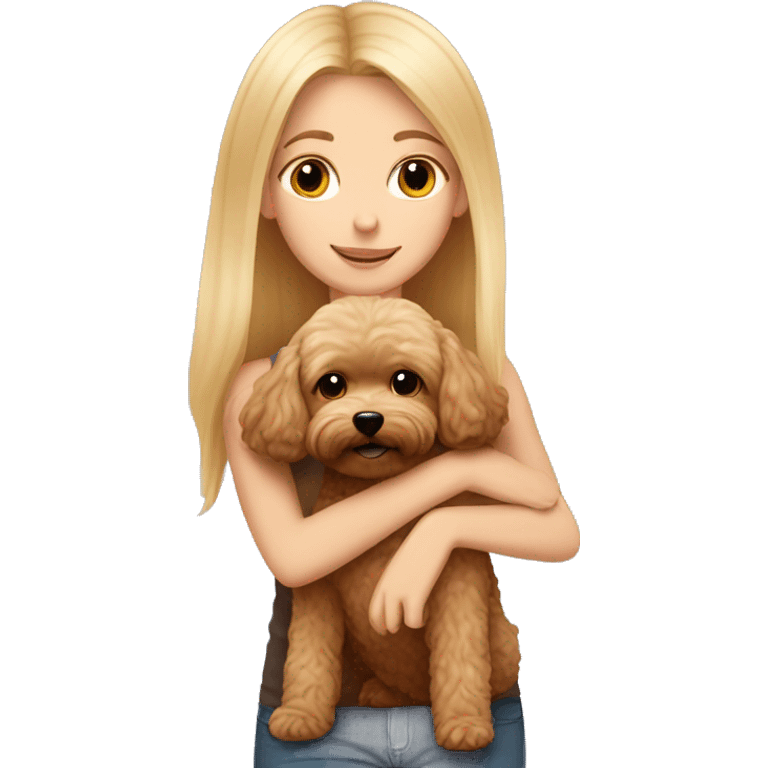 Blonde girl with long straight hair hugging a brown maltipoo emoji