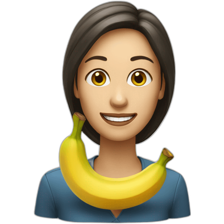 A large headshot of a woman eating a banana emoji