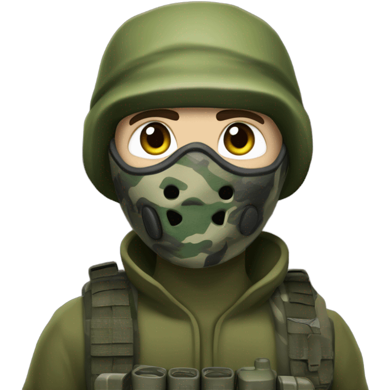 white male, pale skin, call of duty Logan mask, green camo tactical gear, combat boots, beanie, hazel eyes emoji