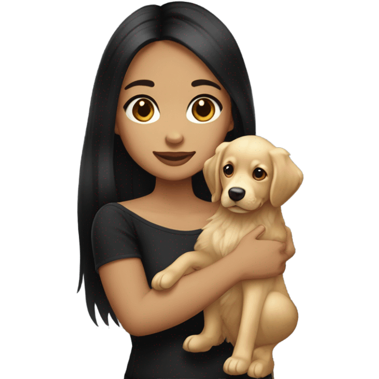 girl with white skin and long straight black hair and small face wearing an off shoulder black shirt, while holding her golden retriever puppy  emoji