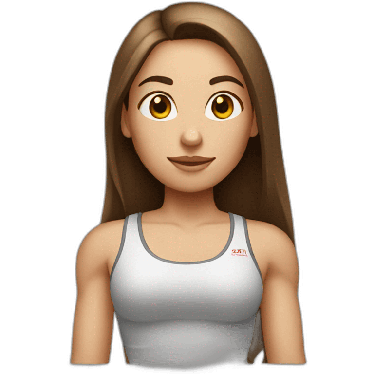 fitness girl with straight long brown hair, wearing white emoji