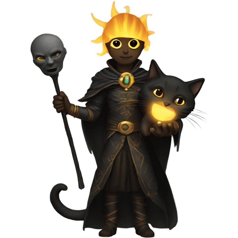 A sun warlock who is pale and is holding a black kitten emoji