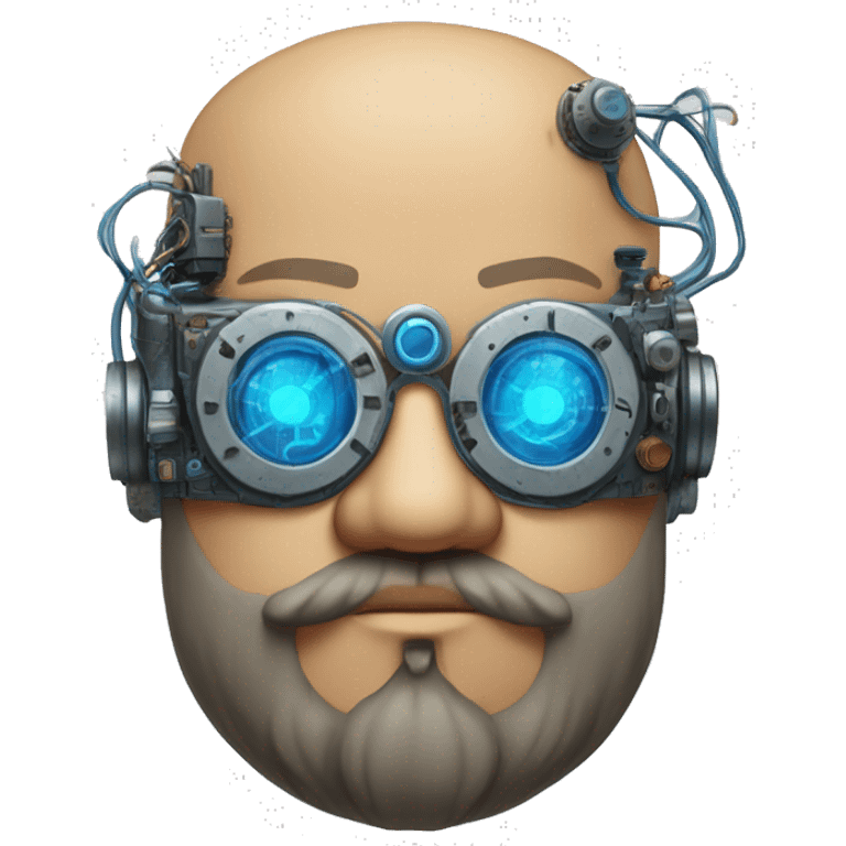 Bearded Fat bald cyborg head with tan skin, blue steampunk goggles and circuits emoji