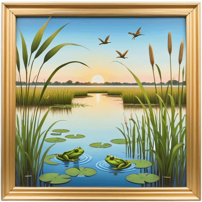 Cinematic Realistic Wetlands Emoji in a wooden frame, Peaceful and serene, with tall grasses swaying in the breeze and soft, muddy waters reflecting the sky above. Small birds and insects flit among the reeds while lily pads float lazily across the surface, punctuated by the occasional croak of a frog or splash of a fish. Soft glowing outline, capturing the essence of a calm, tranquil wetland brimming with life and natural beauty. emoji