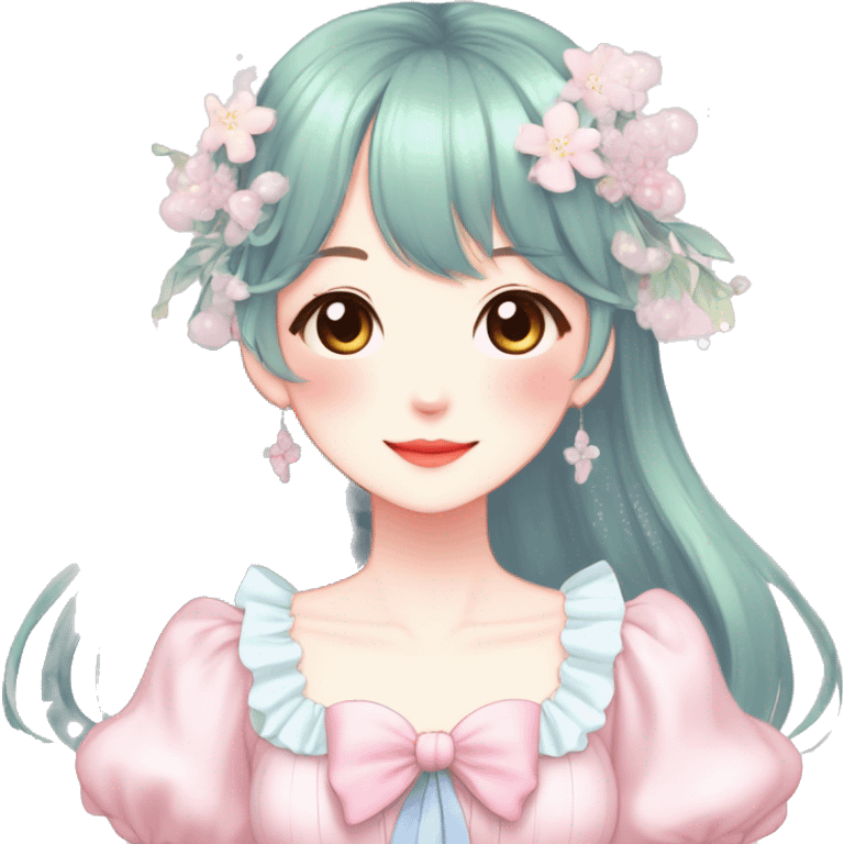 Gorgeous pastel anime style lady with blushing face and a dress cottagecore fairycore  Kawaii anime colorful pearly romantic simplistic aesthetic trending style emoji