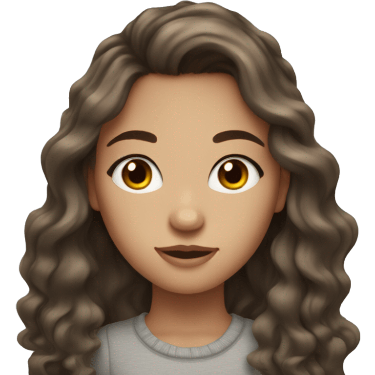 Girl with brown long brown wavy hair, freckles, long eyelashes and grey eyes emoji