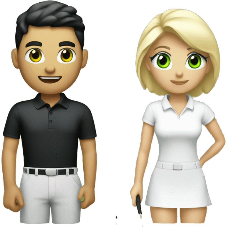 Blond white men green eye wearing white golf outfit and black hair brown eye woman wearing black golf outfit playing golf. emoji