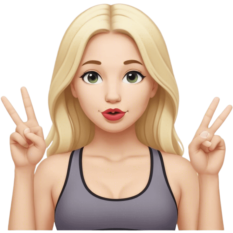 White woman wearing lululemon with blonde hair and middle part doing duck lips and sticking up peace sign with one hand  emoji