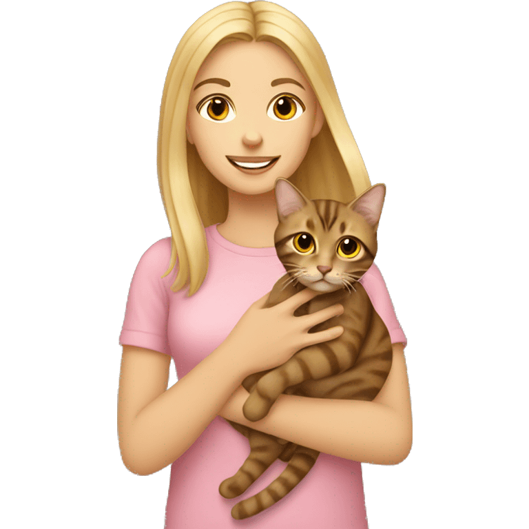 Blonde girl holding brown tabby cat emoji