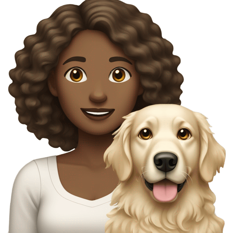 Wavey dark brown haired woman and her English cream golden retriever curly haired dog emoji