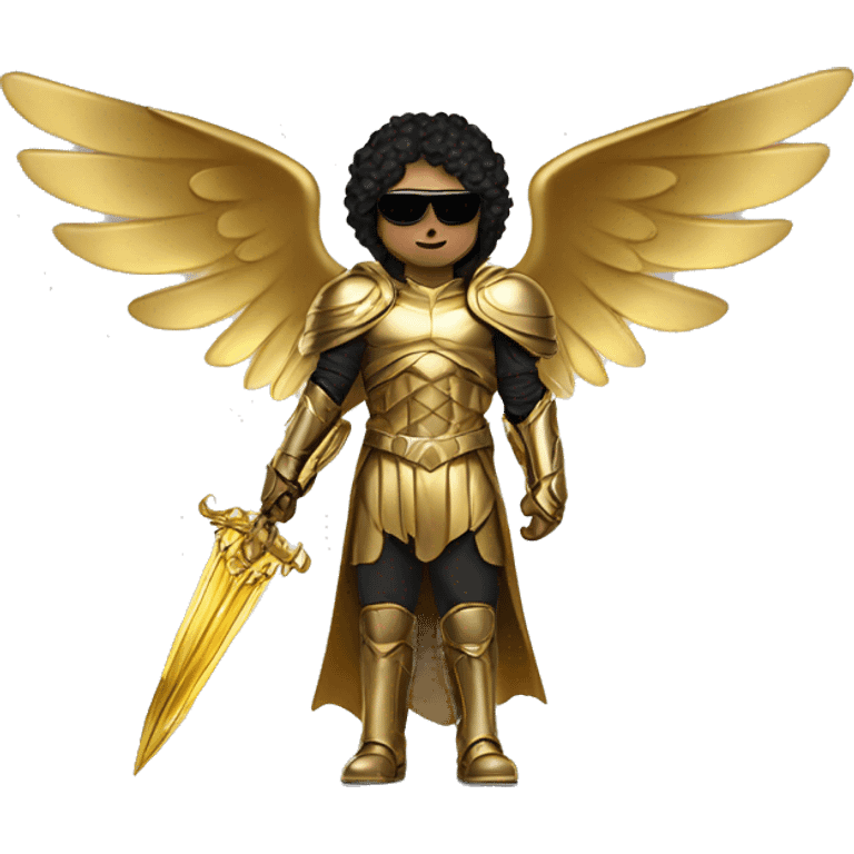 golden archangel, in full growth, with golden wings, black hair, black glasses, golden armor, golden swords, in a golden hood emoji