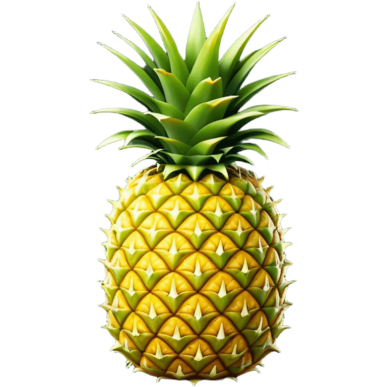 Cinematic Realistic Pineapple Emoji, Tropical and vibrant, with a golden-yellow textured skin and a crown of spiky green leaves on top. The body of the fruit is sharply geometric, its surface rich with natural patterns. Soft glowing outline, capturing the essence of exotic sweetness and tropical flair in a fresh pineapple! emoji