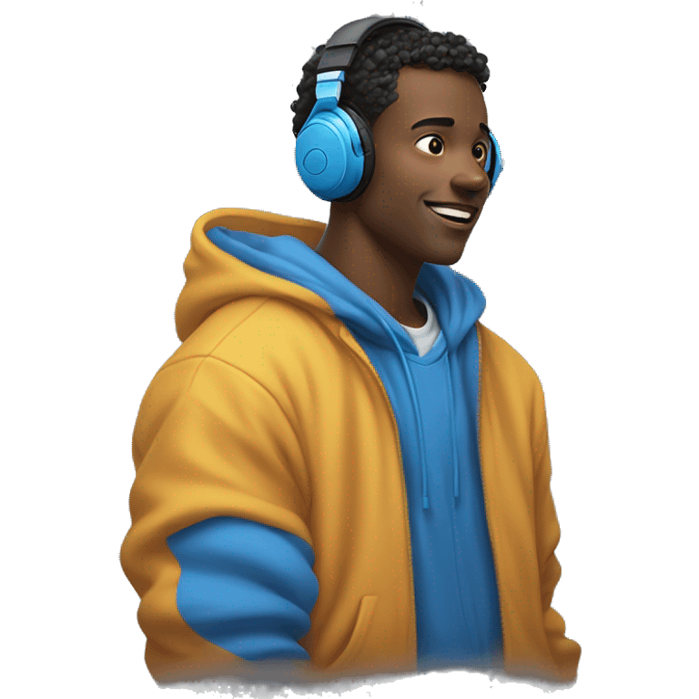 Young Man Wearing oversized blue headphones and a cozy hoodie, he looks ahead with an open expression. His headphones frame his face, as he immerses himself in the vibrant world of sound. emoji