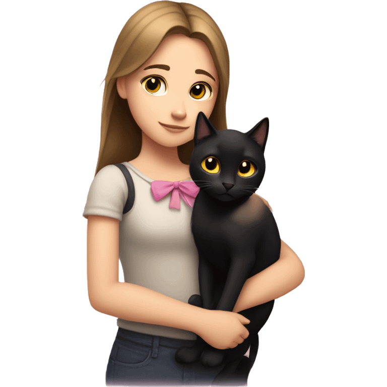 A light-skinned girl with brown straight hair hugs a black cat with yellow eyes and a pink bow emoji