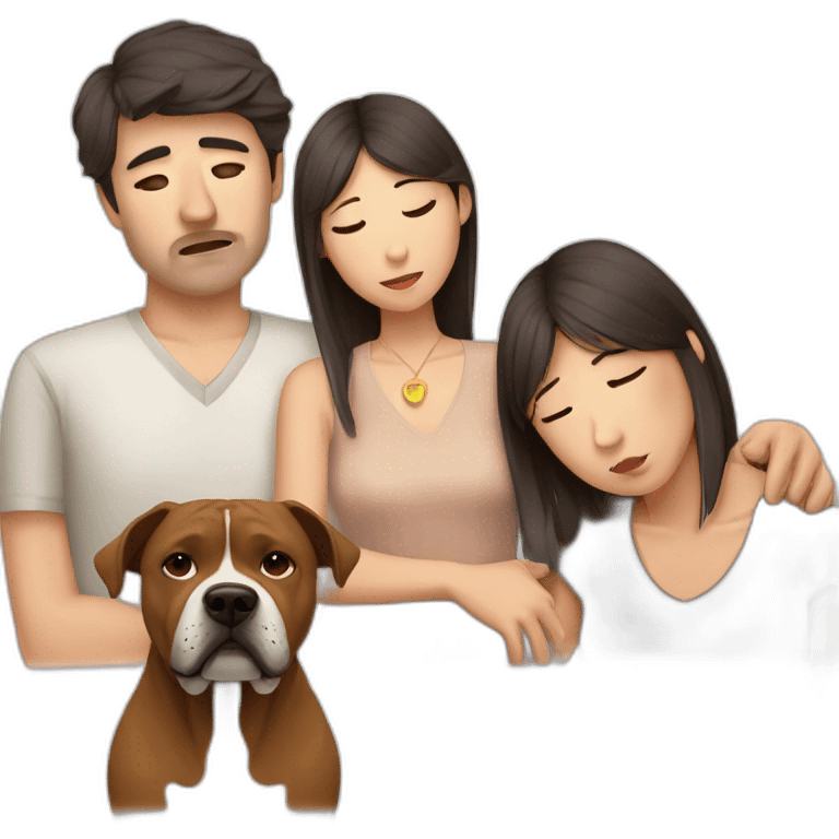 Sad Man with Chinese wife and brown Staffordshire terrier dog emoji