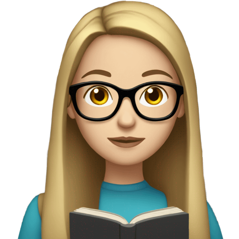 White woman with glasses, long straight brown hair and blue eyes reading a book emoji