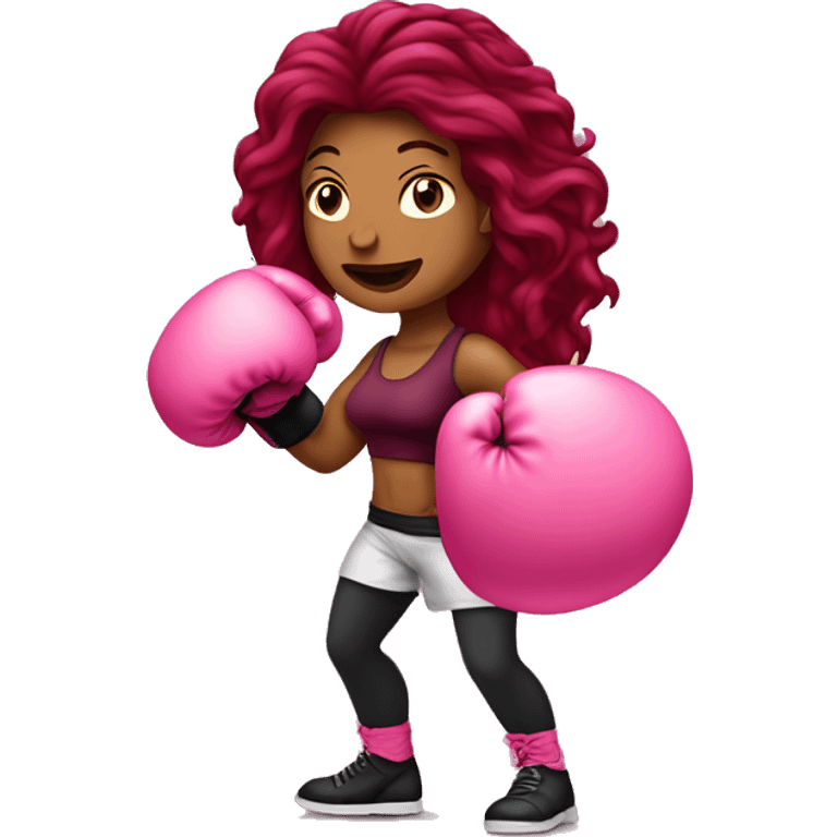 Beautiful tattooed  burgundy long haired woman boxing with pink gloves emoji