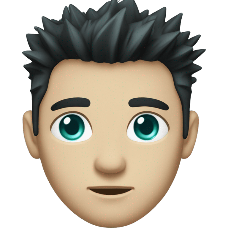 have short, spiky, jet-black hair with teal highlights emphasize his sharp, intense look. have teal eyes are striking and appear piercing or cold, reflecting his focused and calculating personality. emoji