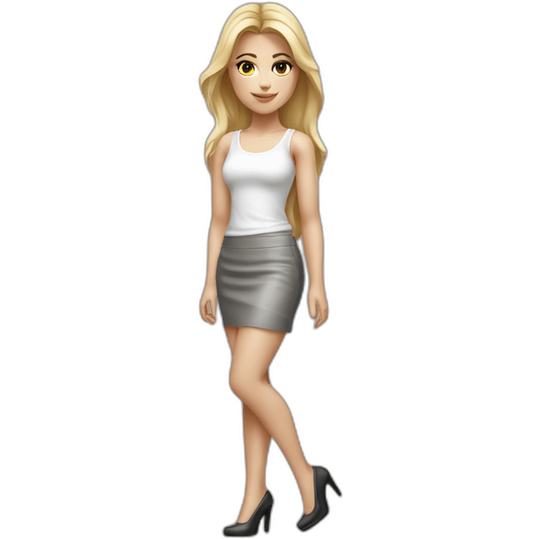 hyperrealist caucasian long blonde haired brown eyed woman white tank top gray tight mini skirt black high heel shoes full body emoji