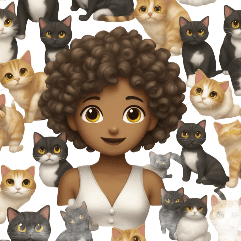 Curly tan girl with hazel eyes holding a tuxedo cat with dimples emoji