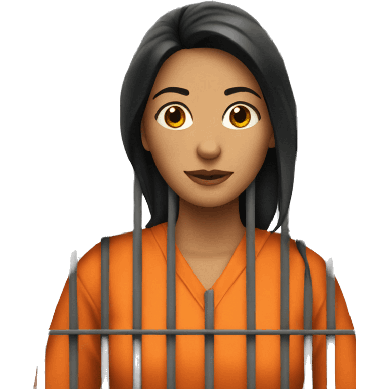 Prisoner woman behind bars, orange jumpsuit. Dark hair emoji