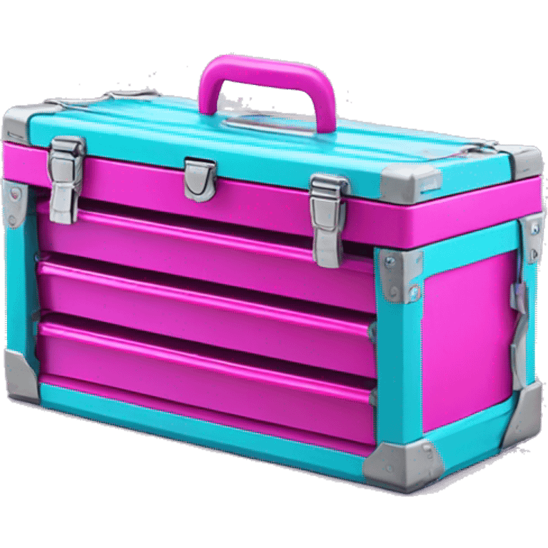 Realistic metallic hot pink and turquoise tool box with top open and purple tools inside of it isolated.  emoji