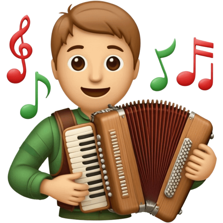 Create a warm and inviting emoji representing folk singing. The design should feature a traditional microphone, perhaps with a wooden texture, symbolizing the rustic and authentic feel of folk music. Surround the microphone with subtle elements such as a hand-played tambourine, an accordion, or a balalaika to reflect the folk instruments. Add flowing musical notes to symbolize the vocal melodies. Use earthy, natural colors like browns, reds, and greens to evoke a sense of tradition, warmth, and connection to the community. The background should be transparent. emoji