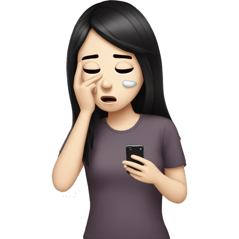 A girl with white skin and dark hair is crying, tears, holding her phone in her hand and pressing her finger on it and looking into it   emoji