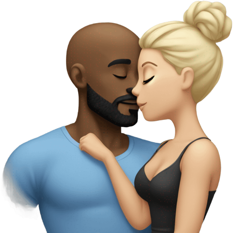 White brunette kissing muscular black bald man with beard emoji