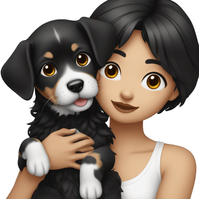 girl with medium black hair holding black and white puppy emoji