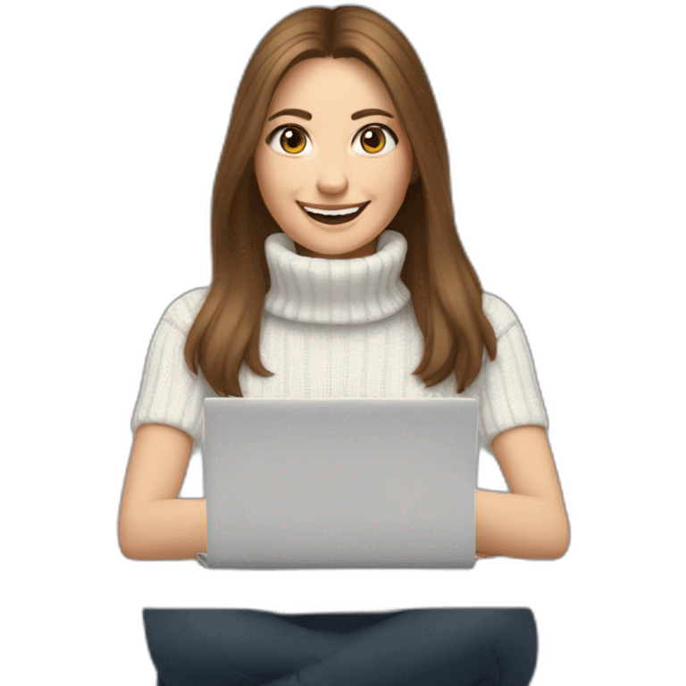 smiling without showing teeth woman with pale skin middle brown long straight hair with a laptop and a coffee mug wearing a white woolly shirt with a turtle neck emoji