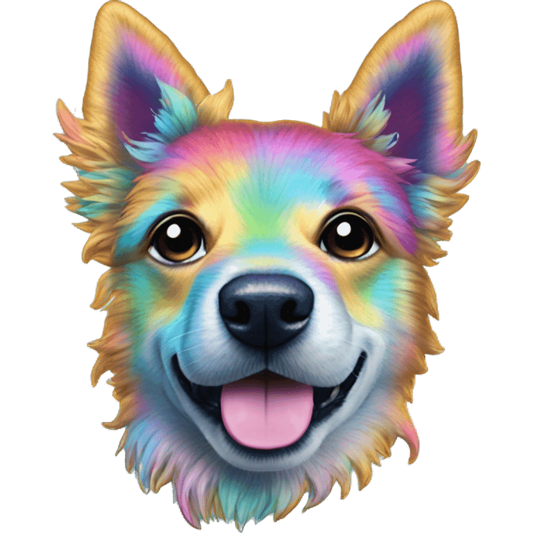 Multicolored rainbow retro groovy tie dye hippie trippy floral patterns on a metallic holographic iridescent blue dog face head unicorn emoji