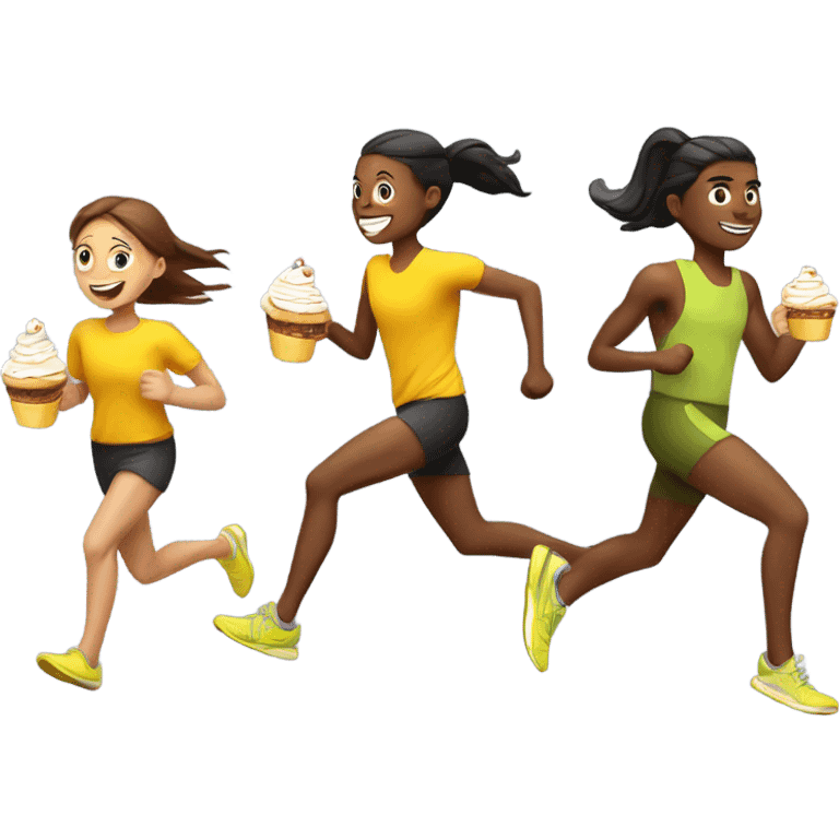 Runners in yellow tops holding cakes and coffee and running really fast emoji