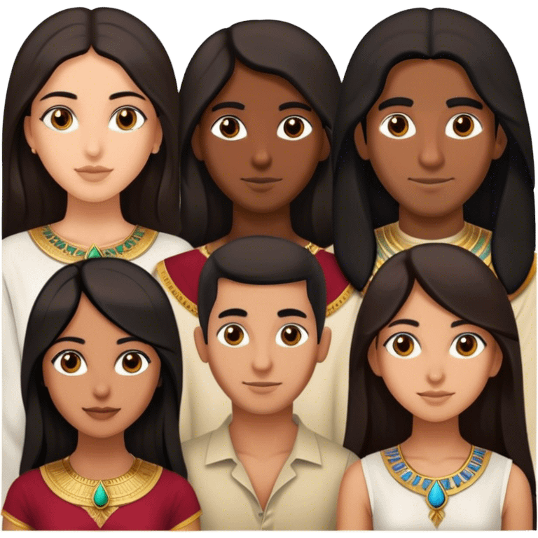 one Persian girl, one Indian girl, one Moroccan man, one black man, one Egyptian man emoji