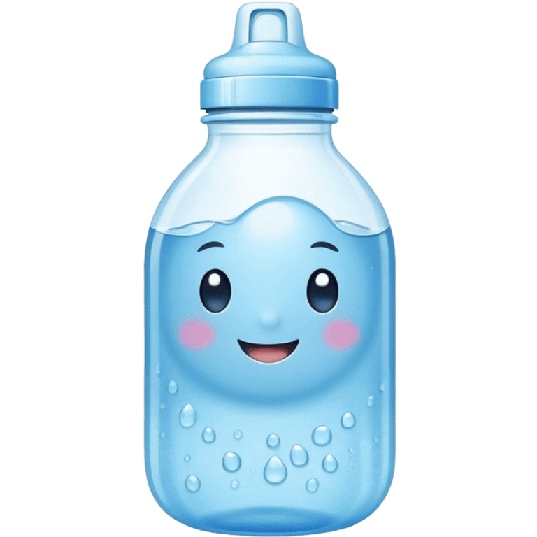 Cute Kawaii Water Bottle, round and bubbly, soft blue with tiny water droplets around, a happy smiling face, gentle glowing highlights, fresh and refreshing vibes! emoji