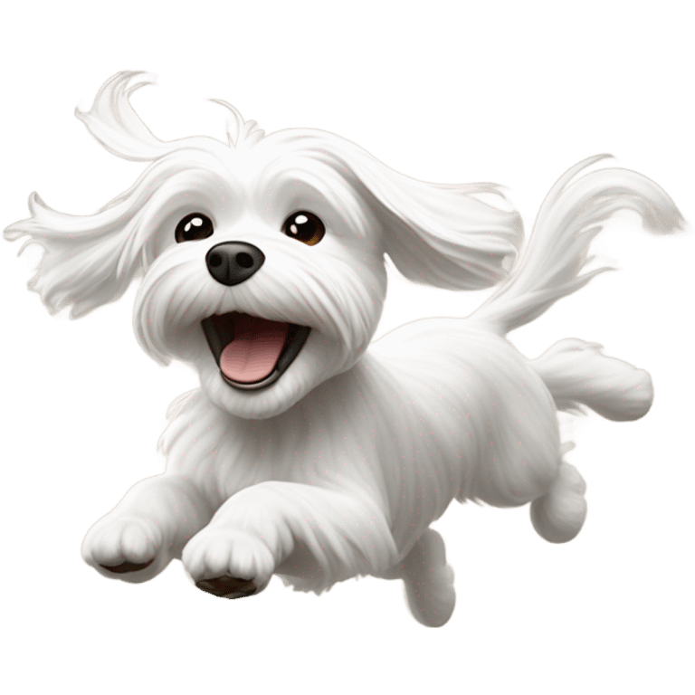 Pixar-style Maltese dog joyfully jumping in mid-air, with a playful expression and motion lines emphasizing its movement, set against a minimalistic background, emoji-style. emoji