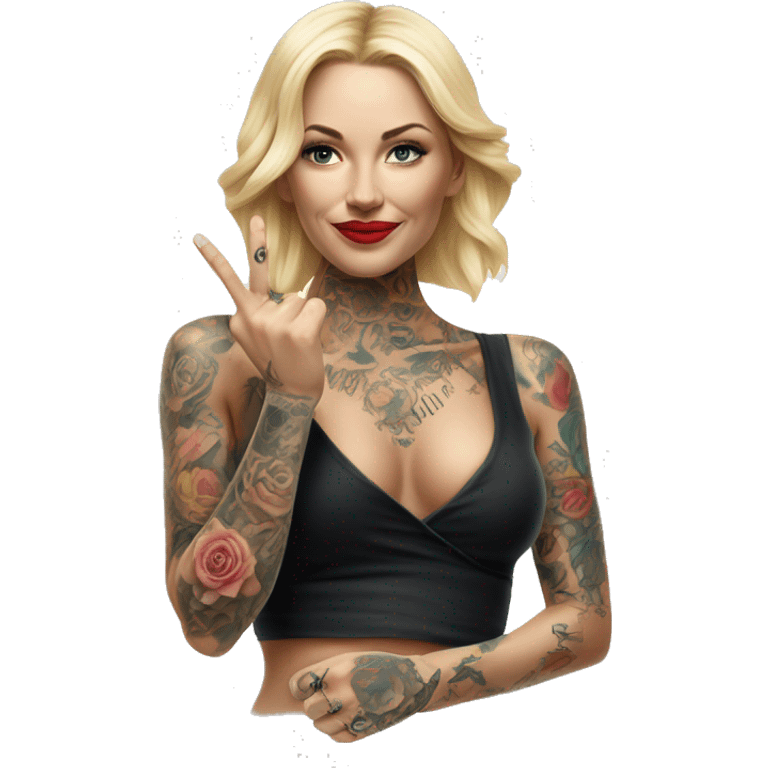 Blonde elegant women, her Body Covered with Tattoos, POINTING YOU FORWARD with her HAND , Hyper realistic emoji