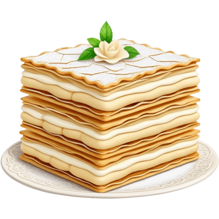 Cinematic delicate mille-feuille, thin crispy pastry layers filled with smooth vanilla cream, dusted with powdered sugar, elegant presentation, highly detailed and sophisticated. emoji