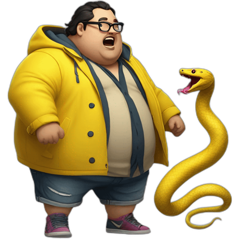 fat man with dark hair,a vibrant long yellow coat, pink glasses, short jeans shorts. Show full lenght peson, person fighting a snake monster emoji